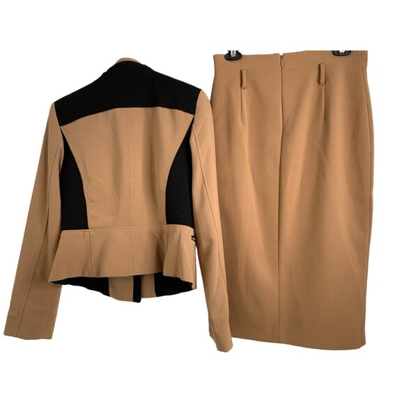 Womens Skirt Suit WHBM Color Block Asym Zip Detail Midi Length Tan Sz 4 7047 - Picture 5 of 11